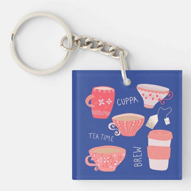 Vintage Teacup Tea Pot illustration Key Ring (Front)