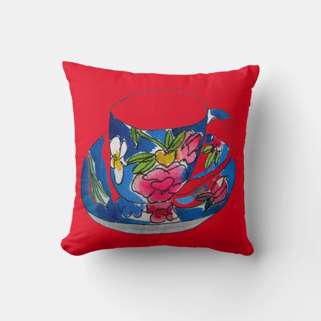 Vintage teacup watercolour art illustration cushion (Front)