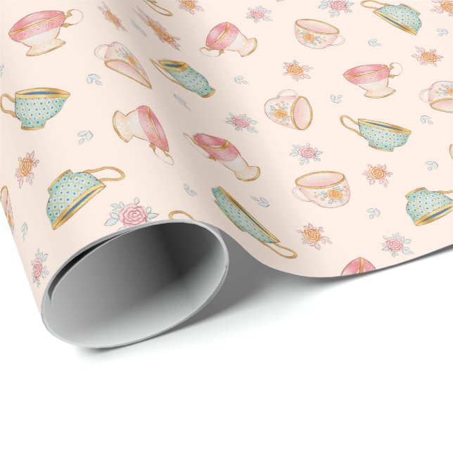 Vintage Teacups (Linen) Pattern – Wrapping Paper (Roll Corner)