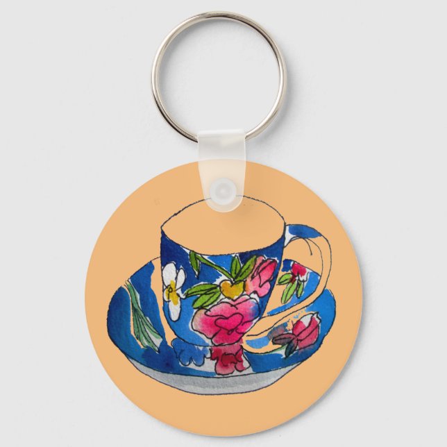 Vintage Teacups original watercolour illustration Key Ring (Front)