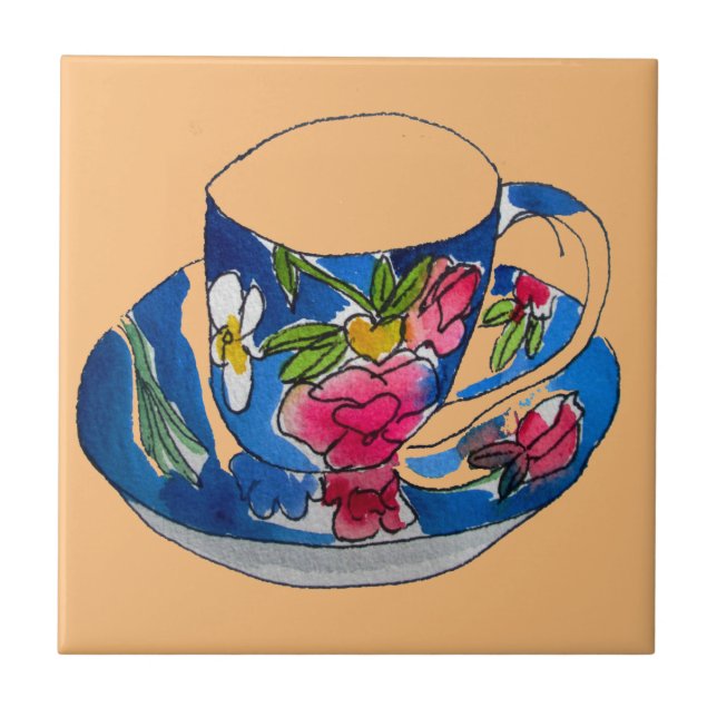 Vintage Teacups original watercolour illustration Tile (Front)