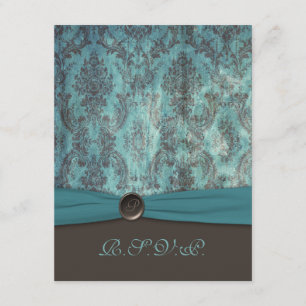 Vintage Teal and Brown Damask RSVP card