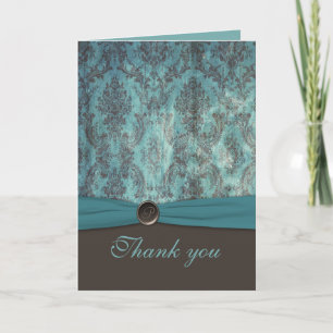 Vintage Teal and Brown Damask Thank You Card