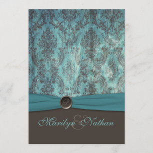 Vintage Teal and Brown Damask Wedding Invitation