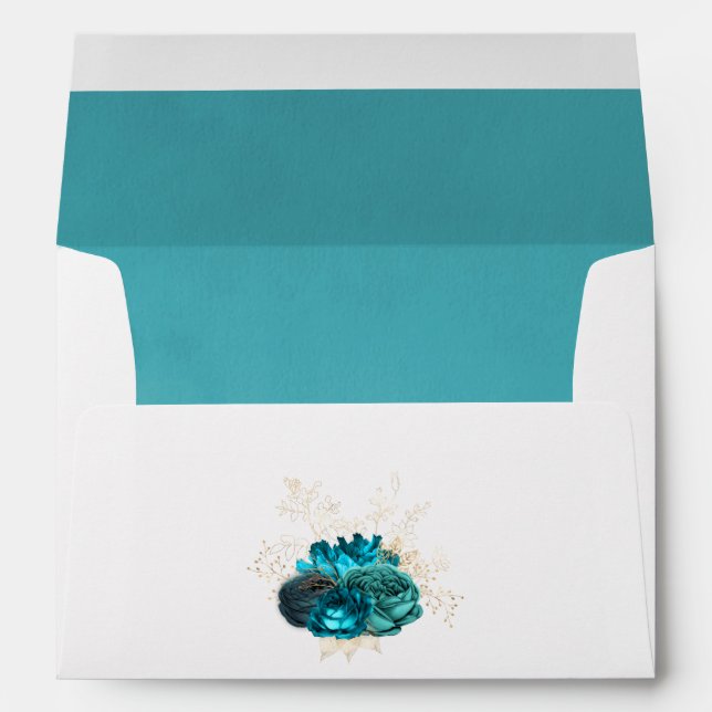 Vintage Teal and Gold Floral Wedding Envelope (Back (Bottom))