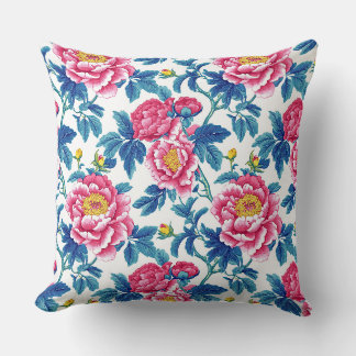 Vintage Teal and Pink Chinoiserie Peony Floral Cushion