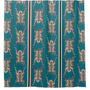 Vintage Teal Asian Tiger pattern Striped Shower Curtain