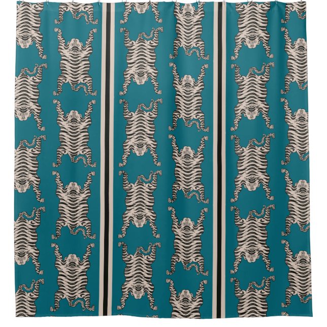 Vintage Teal Asian Tiger pattern Striped Shower Curtain (Front)