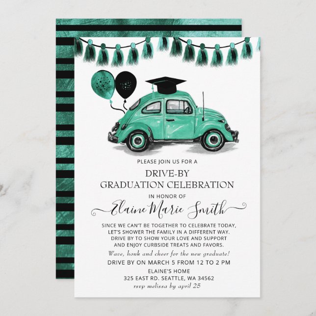 Vintage Teal Beetle Balloons Drive By Graduation Invitation (Front/Back)
