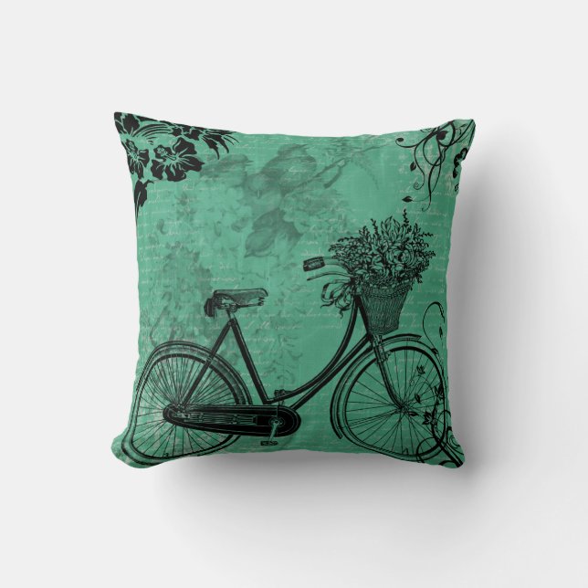 Vintage Teal Bicycle Pillow (Front)