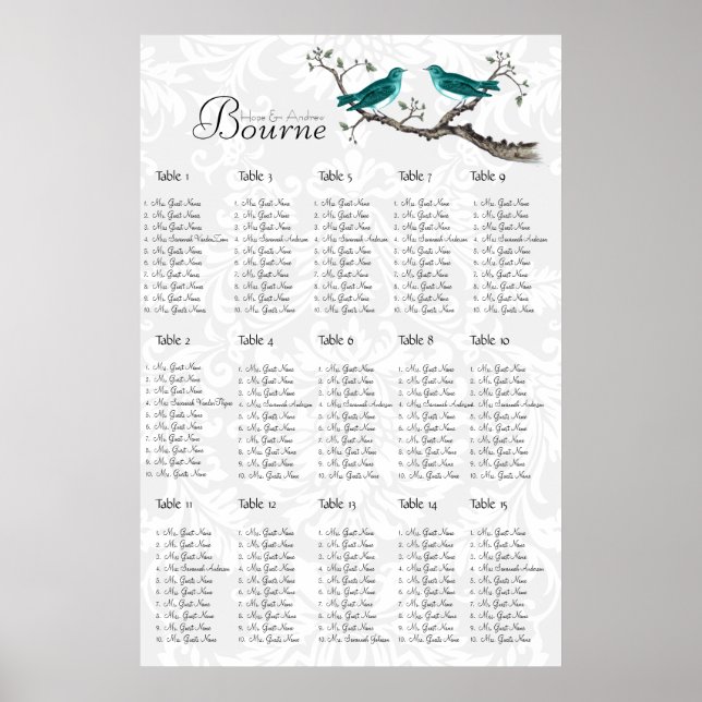 Vintage Teal Bird Seating Chart click customise (Front)
