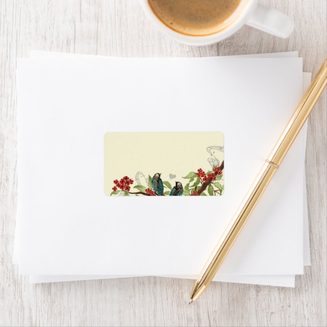 Vintage Teal Birds Burgundy Flowering Branch Label (Insitu)