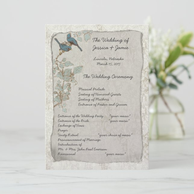 Vintage Teal Birds Damask Wedding Program Programme (Standing Front)