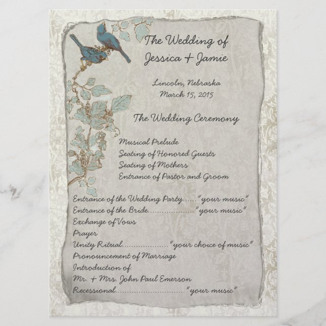 Vintage Teal Birds Damask Wedding Program Programme (Front)