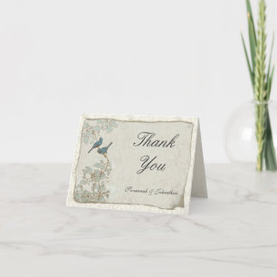 Vintage Teal Birds Parchment Damask Thank You Card
