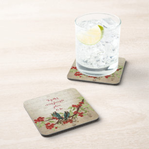 Vintage Teal Birds Red Floral Pattern Quote Coaster