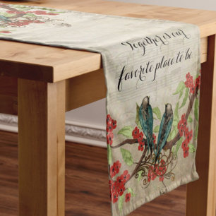 Vintage Teal Birds Red Floral Pattern Short Table Runner