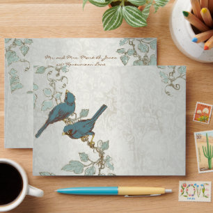 Vintage Teal Birds Wedding Envelope