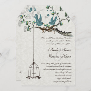 Vintage Teal Birds with Bird Cage & Pink Blooms Invitation