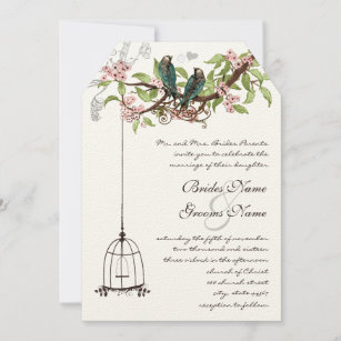 Vintage Teal Birds with Bird Cage & Pink Blooms Invitation