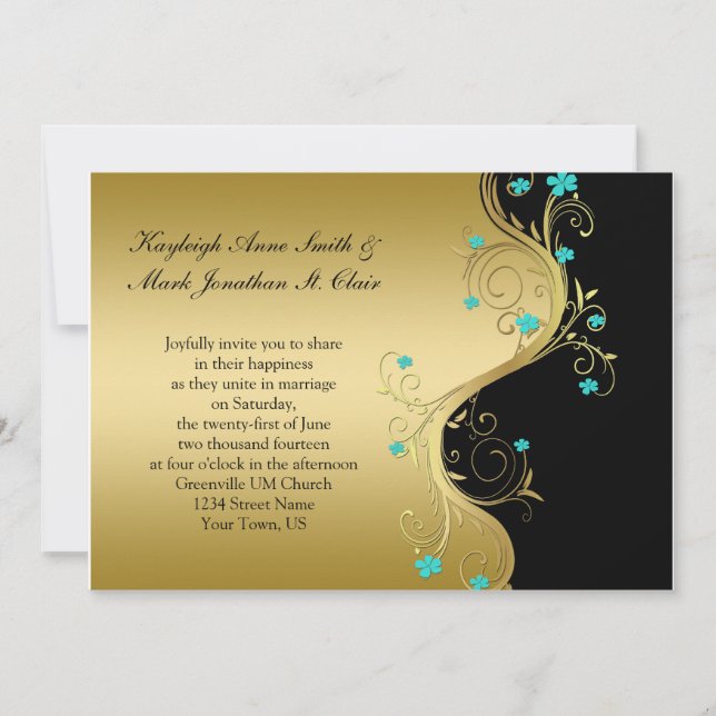 Vintage Teal Black and Gold Wedding Invitation (Front)