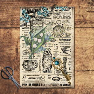 Vintage Teal Blue Floral Ephemera Decoupage Paper