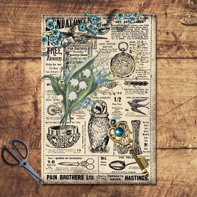 Vintage Teal Blue Floral Ephemera Decoupage Paper (Creator Uploaded)