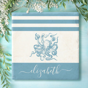 Vintage teal blue octopus beach house script name  stone coaster