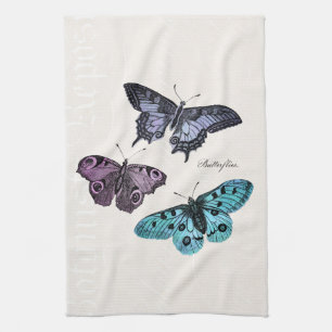 Vintage Teal Blue Purple Pink Butterfly Drawing Tea Towel