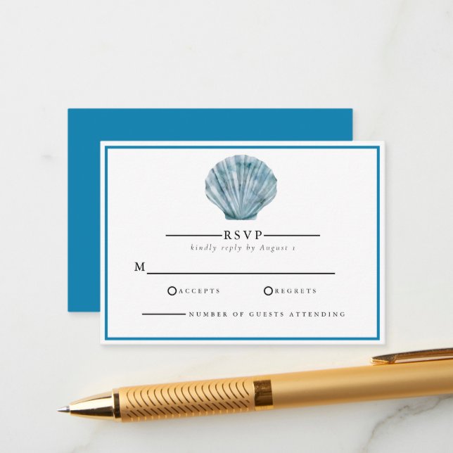 Vintage Teal Blue Single Seashell Wedding Enclosure Card (Front/Back In Situ)