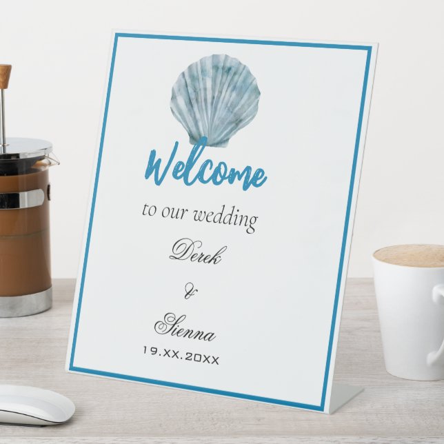 Vintage Teal Blue Single Seashell Wedding Pedestal Sign (In SItu)