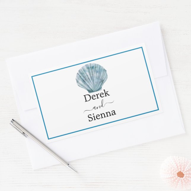 Vintage Teal Blue Single Seashell Wedding Rectangular Sticker (Envelope)