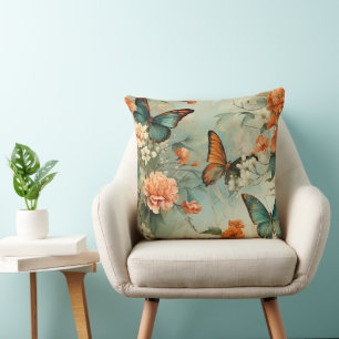 Vintage Teal Butterfly Orange Floral Garden Cushion
