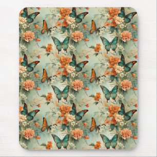 Vintage Teal Butterfly Orange Floral Garden Mouse Pad