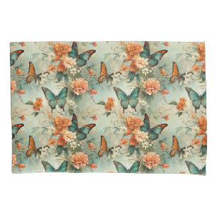 Vintage Teal Butterfly Orange Floral Garden Pillowcase
