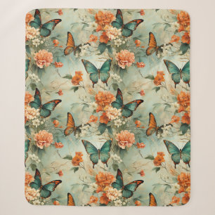 Vintage Teal Butterfly Orange Floral Garden Sherpa Blanket
