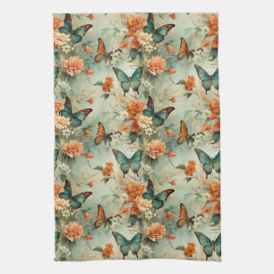 Vintage Teal Butterfly Orange Floral Garden Tea Towel