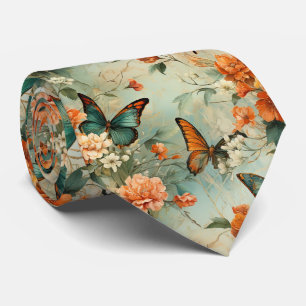 Vintage Teal Butterfly Orange Floral Garden Tie