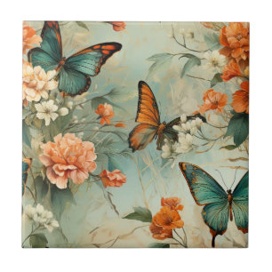 Vintage Teal Butterfly Orange Floral Garden Tile