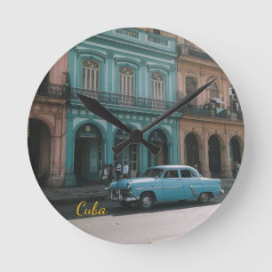 Vintage Teal Classic Car Old Havana Cuba Colonial Round Clock