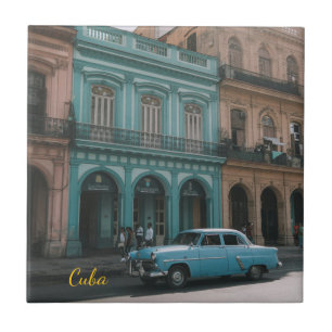 Vintage Teal Classic Car Old Havana Cuba Colonial Tile