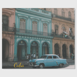 Vintage Teal Classic Car Old Havana Cuba Colonial  Wrapping Paper