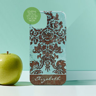 Vintage Teal Damask Pattern with Monogram iPhone 15 Mini Case
