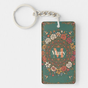 Vintage Teal Floral Mandala with Hummingbirds and Key Ring