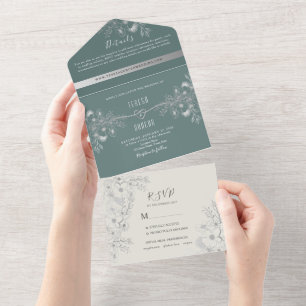 Vintage Teal Floral Photo Wedding All In One Invitation