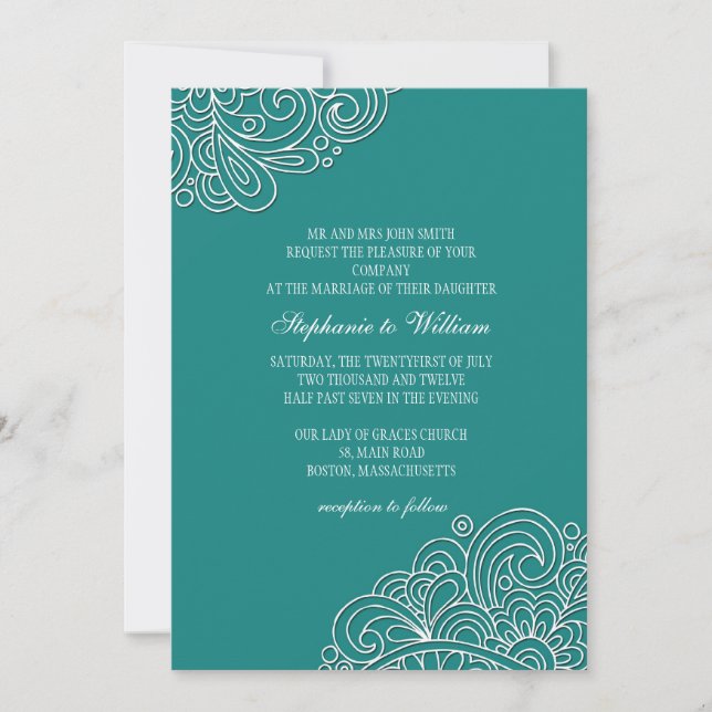 Vintage Teal Floral Swirl Wedding Invitation (Front)