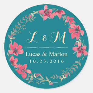 Vintage Teal Flower Leaf Wreath Monogram Sticker