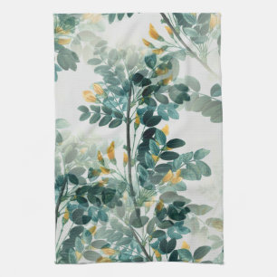 Vintage Teal Foliage Leaves Elegant Chic Design Tea Towel