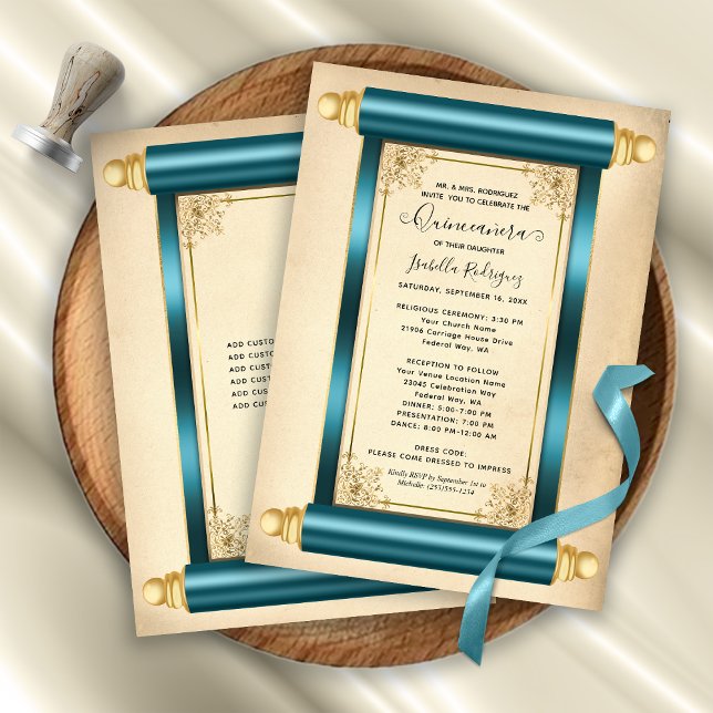 Vintage Teal Gold Scroll Elegant Quinceañera Invitation (Vintage Teal Gold Scroll Elegant Quinceañera Invitation)