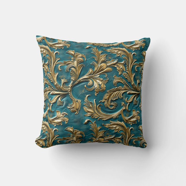 Vintage Teal gold tooled leather Cushion (Front)
